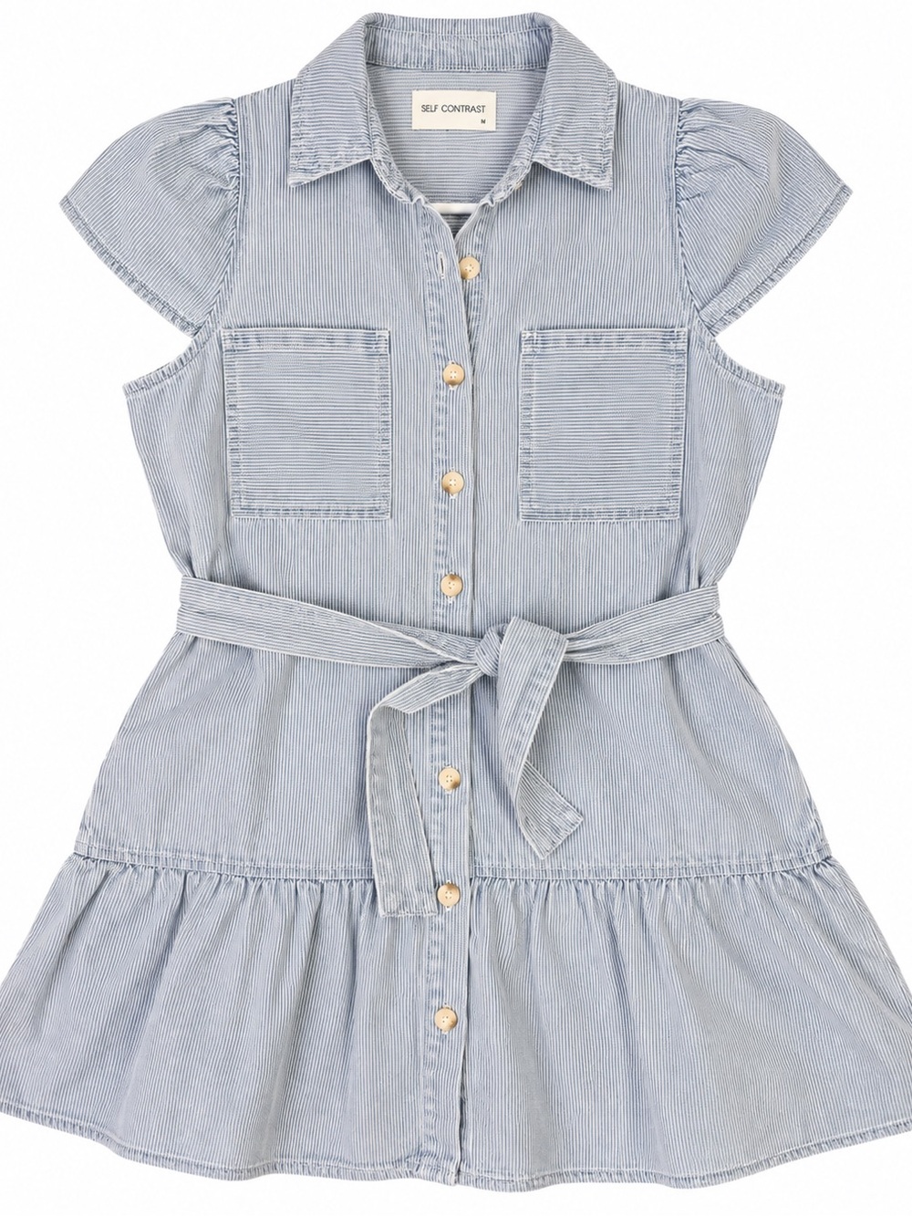 Self Contrast Blue White Pinstripe Belted Button Front Shirt Dress Size M